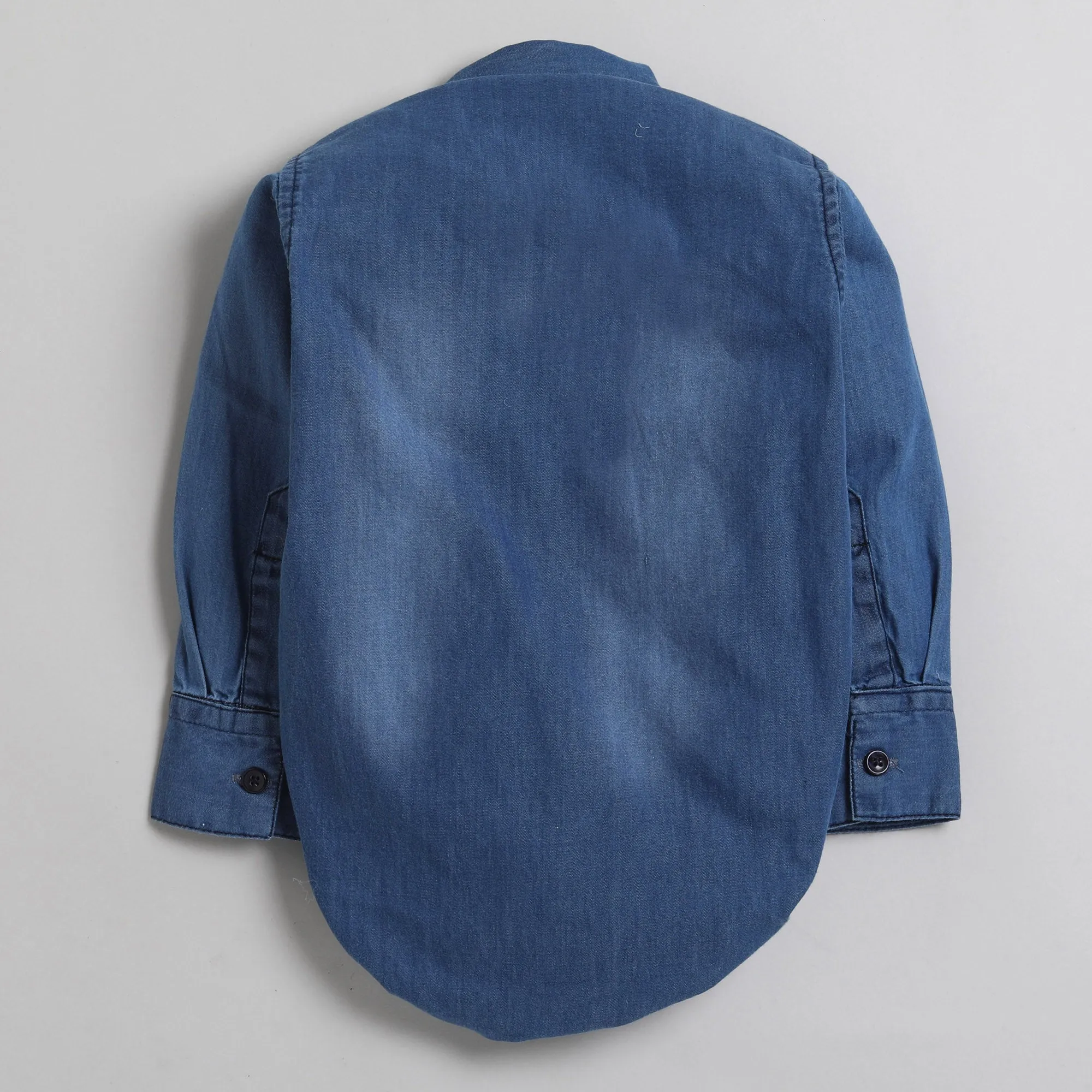 Polka Tots Full Sleeve Denim Shirt Romper - Rock n Roll Embroidery with pocket - Blue Denim