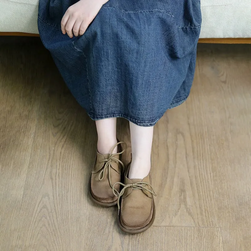 Soft Leather Lace-Up Casual Shoes Retro Flats in Khaki/Grey
