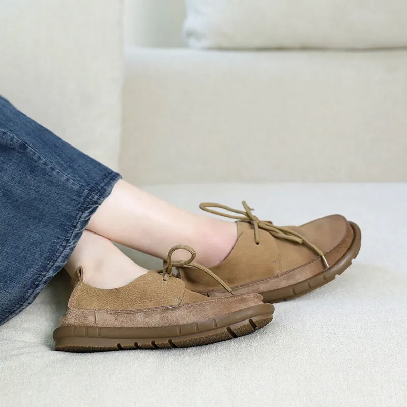 Soft Leather Lace-Up Casual Shoes Retro Flats in Khaki/Grey