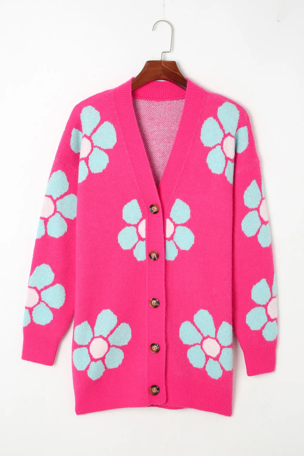 Strawberry Pink Floral Print Button up Knitted Cardigan