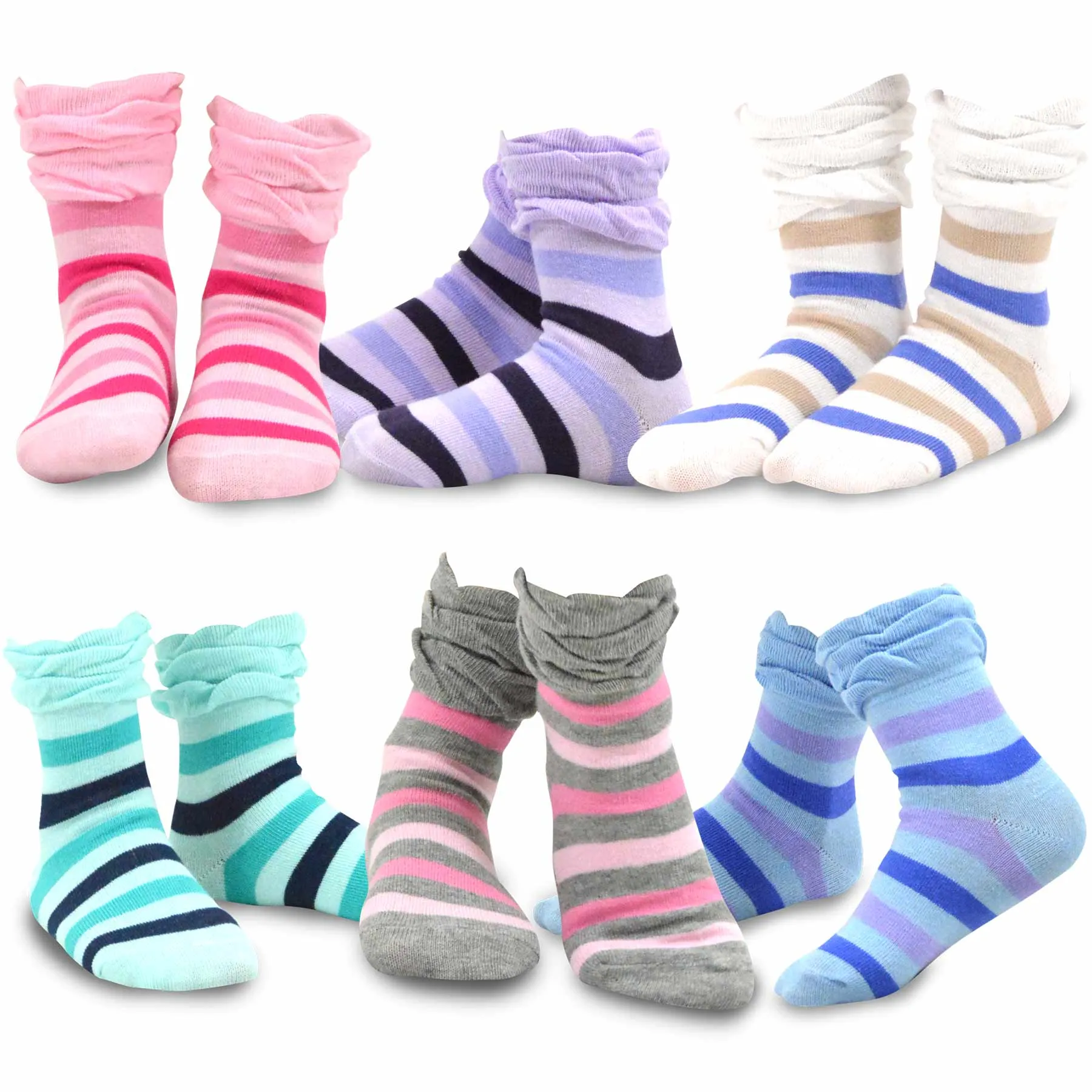 TeeHee Socks Kid's Casual Cotton Short Crew Tonal Stripe/Ruffle Top 12-Pack Gift Box (70681)