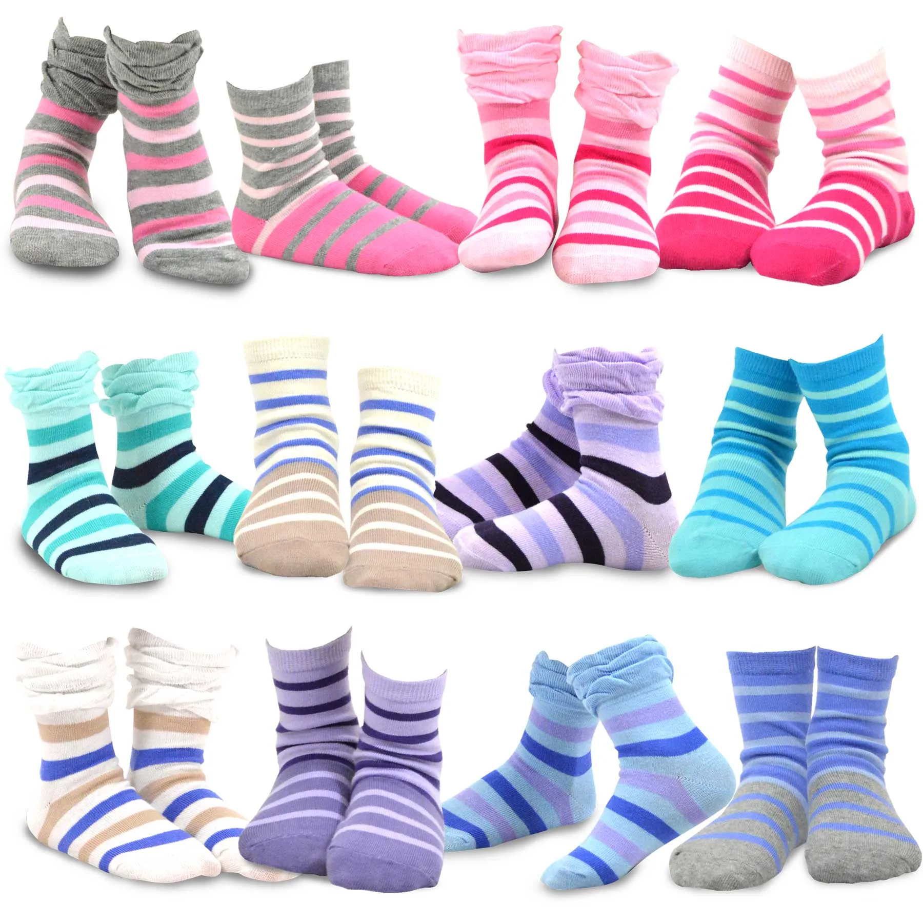 TeeHee Socks Kid's Casual Cotton Short Crew Tonal Stripe/Ruffle Top 12-Pack Gift Box (70681)