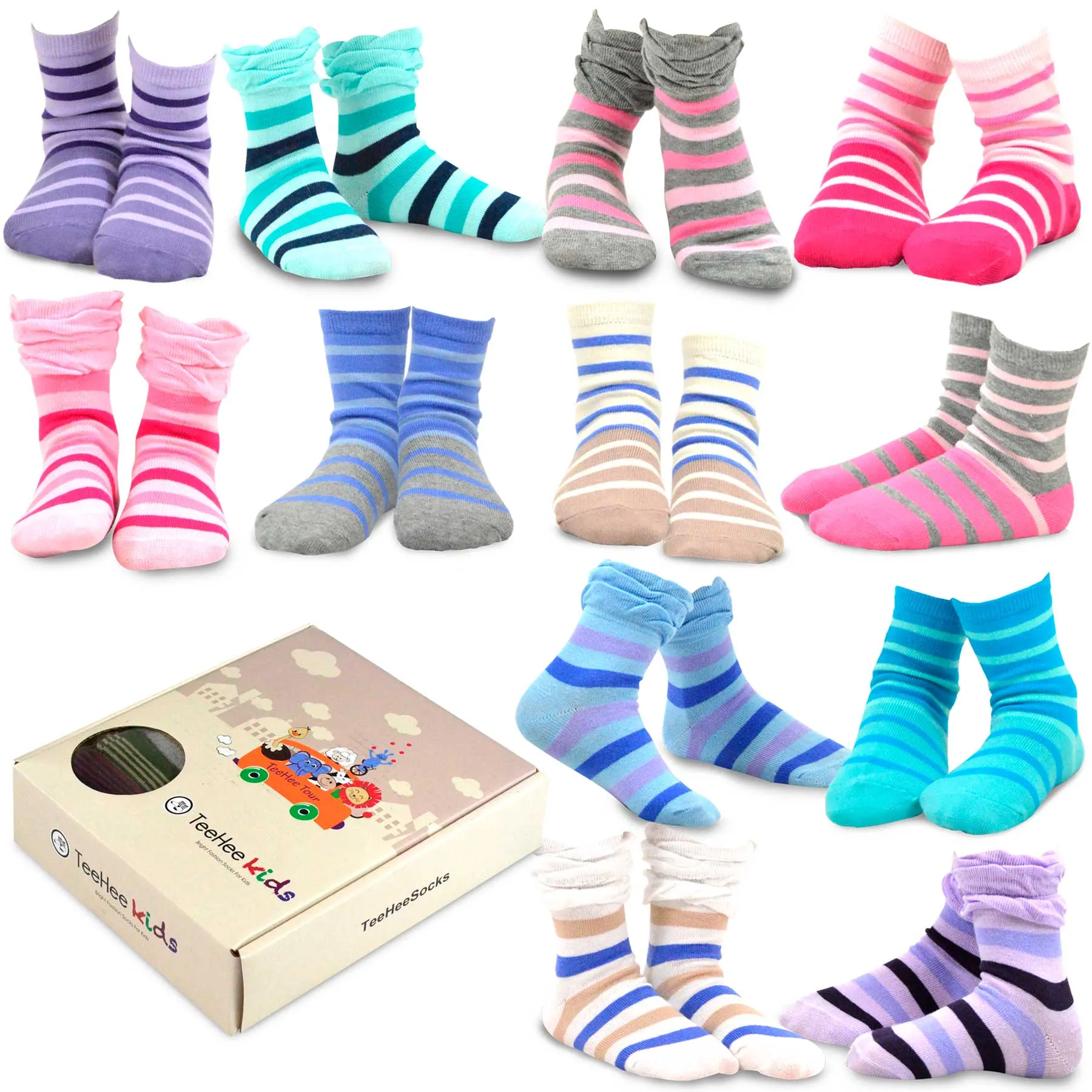 TeeHee Socks Kid's Casual Cotton Short Crew Tonal Stripe/Ruffle Top 12-Pack Gift Box (70681)