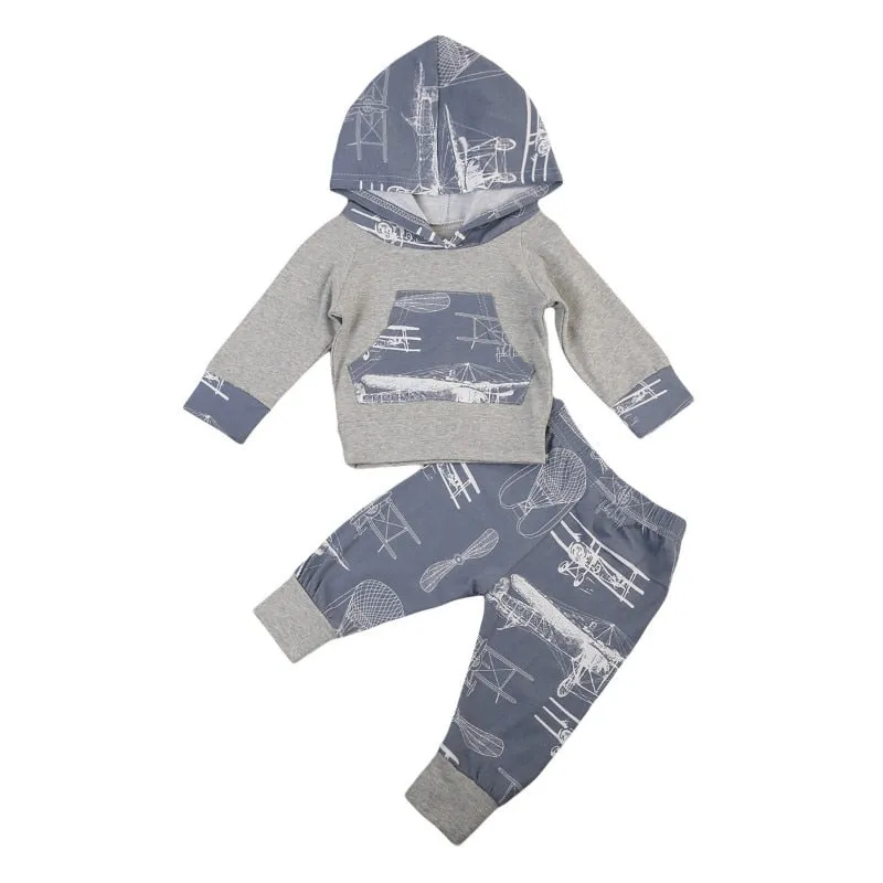 Warm Planes Pants Casual Outfits Infant Kids Baby Boys Hooded Tops Coat Enfant Clothing Set 0-24M