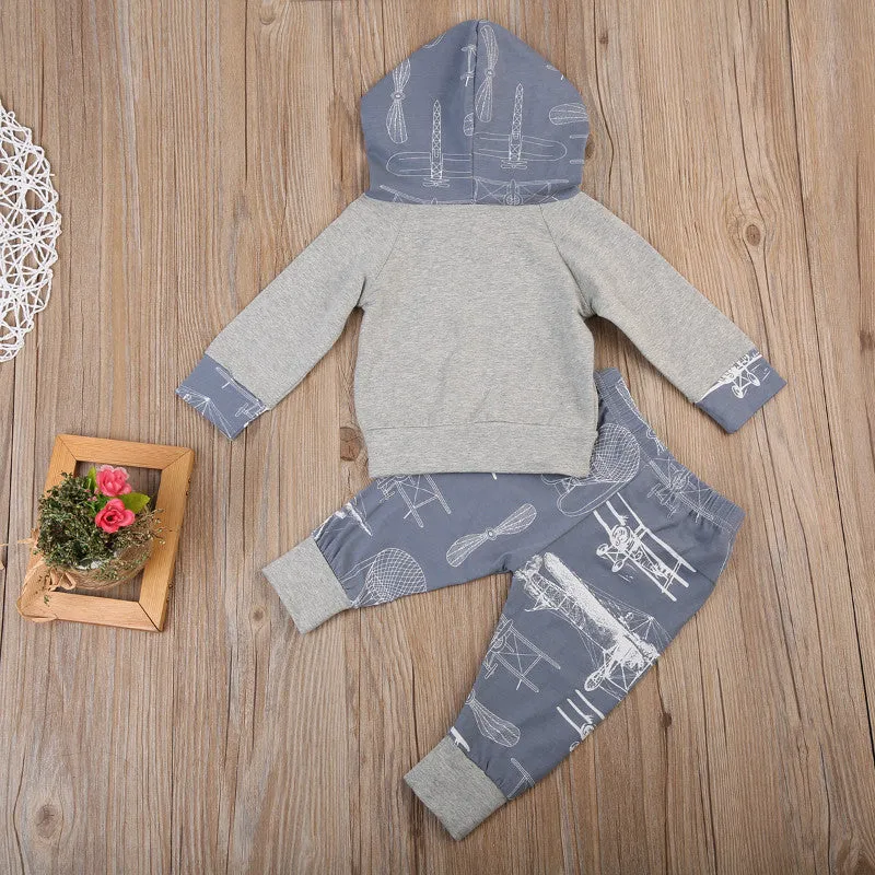 Warm Planes Pants Casual Outfits Infant Kids Baby Boys Hooded Tops Coat Enfant Clothing Set 0-24M