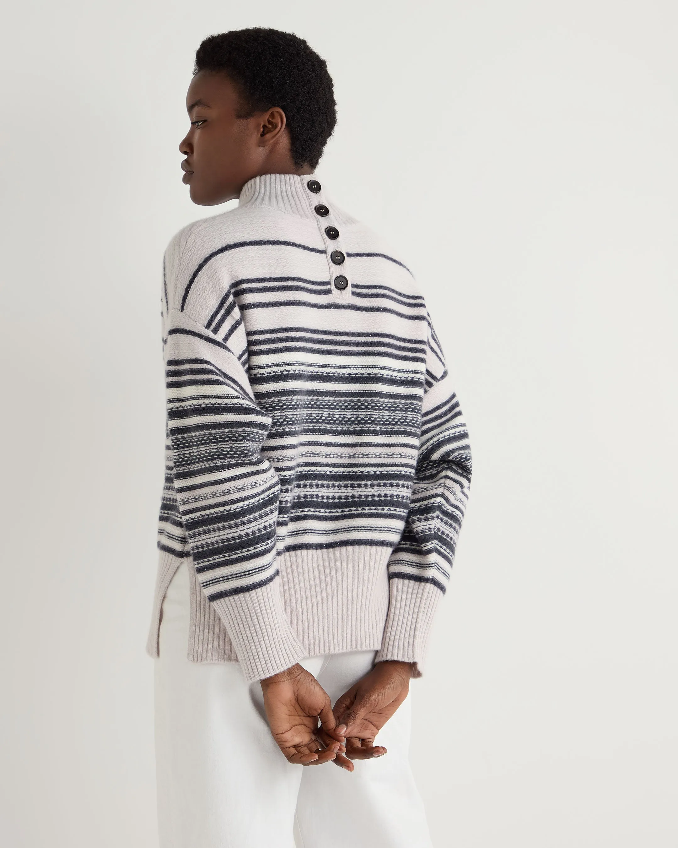 Women's Fairisle Mock Neck Cashmere Sweater With Lurex Snow Grey