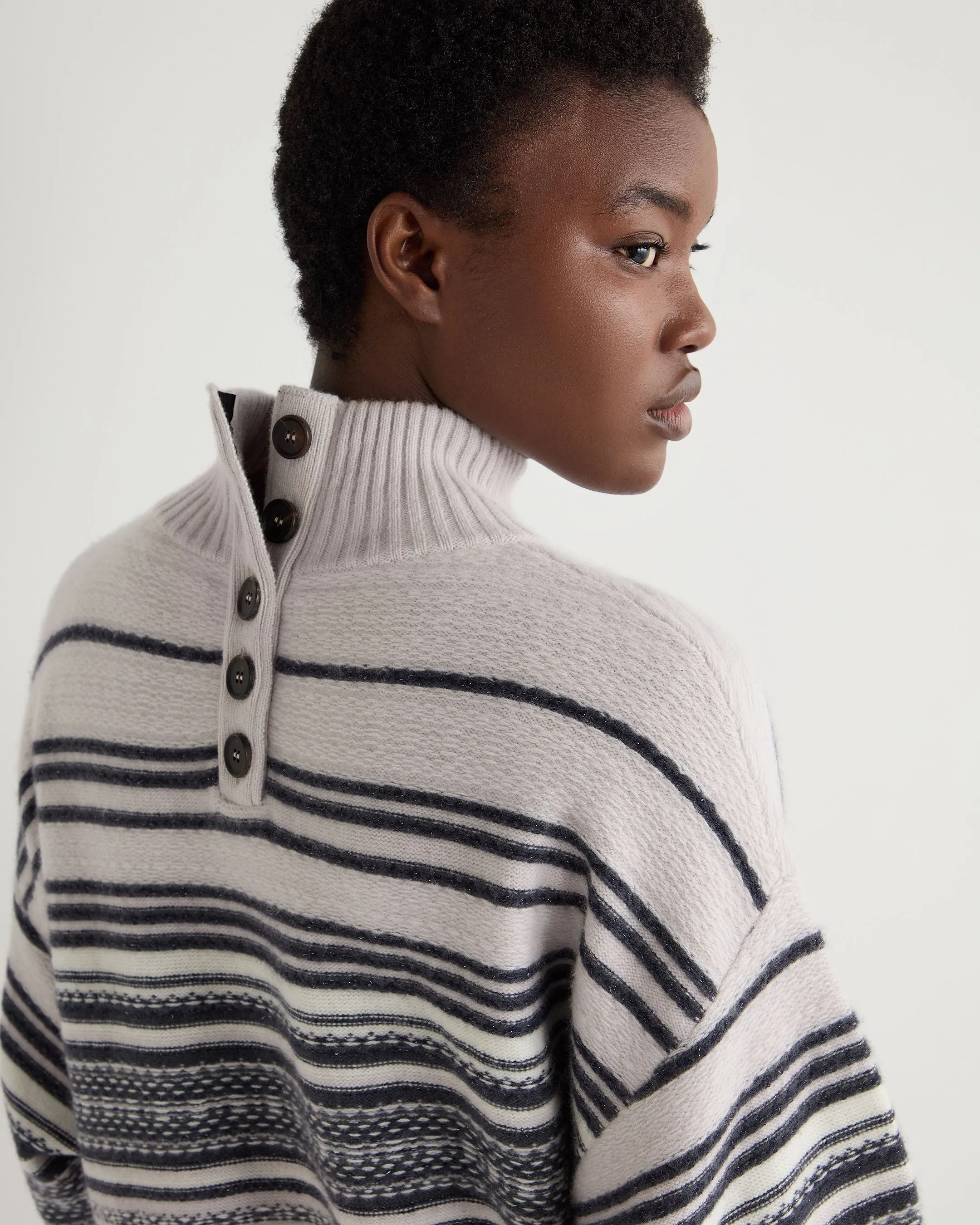 Women's Fairisle Mock Neck Cashmere Sweater With Lurex Snow Grey