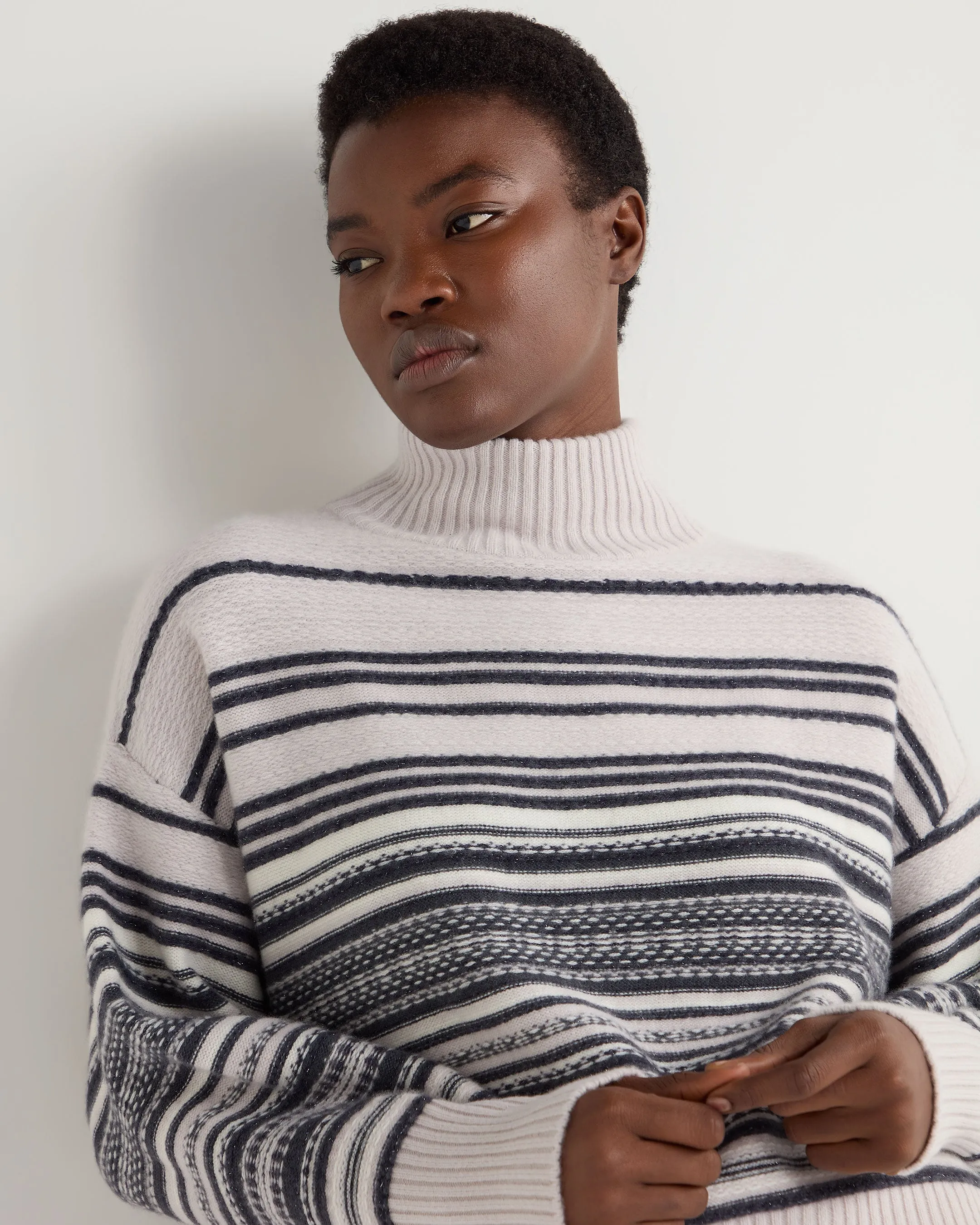 Women's Fairisle Mock Neck Cashmere Sweater With Lurex Snow Grey